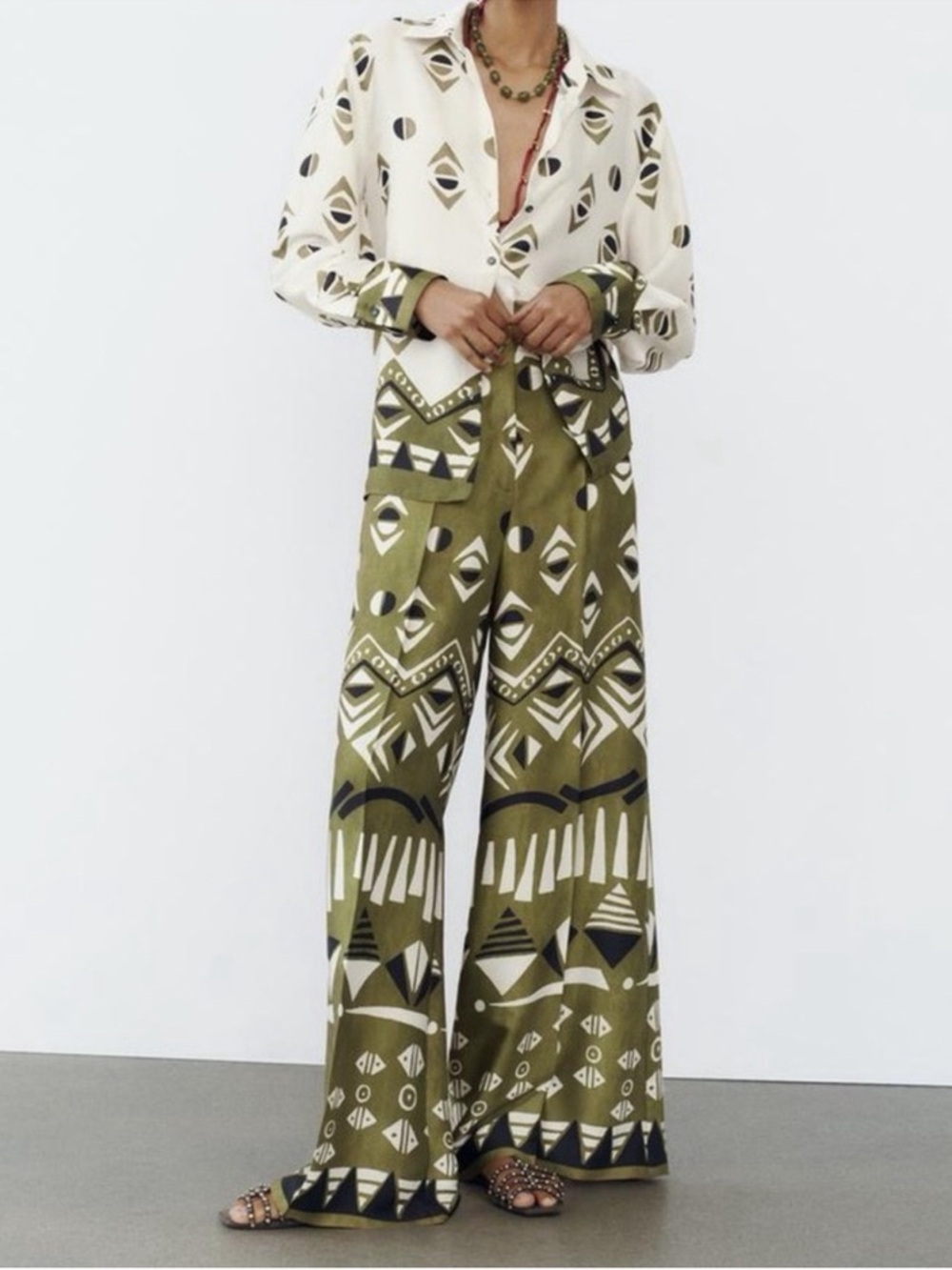 ZARA NWOT MATCHING SET Geometric Print Satin Effect Shirt Wide Leg Pants XS